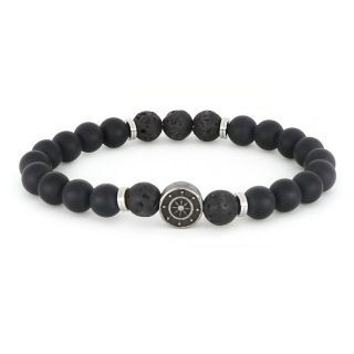 Bracelet made of semi precious stones onyx and lava and stainless steel component naval steering wheel