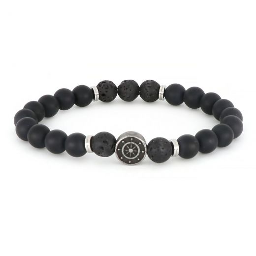 Bracelet made of semi precious stones onyx and lava and stainless steel component naval steering wheel