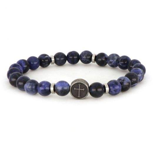 Bracelet made of semi precious stones sodalite and stainless steel component cross