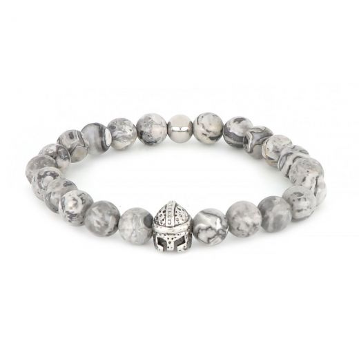 Bracelet made of semi precious stones grey jasper and stainless steel helmet