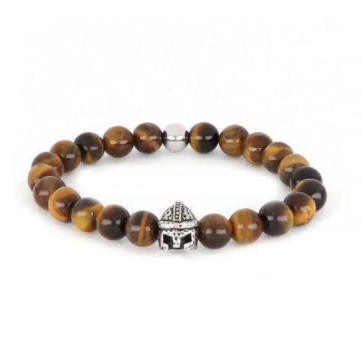 Bracelet made of semi precious stones tiger eye and stainless steel helmet