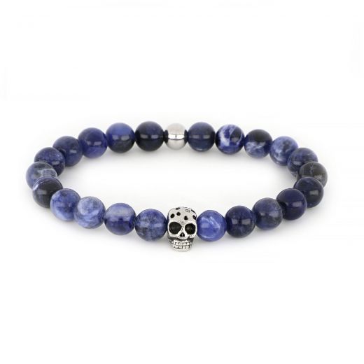 Bracelet made of semi precious stones sodalite and stainless steel skull