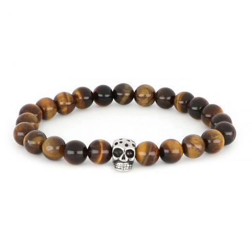 Bracelet made of semi precious stones tiger eye and stainless steel skull