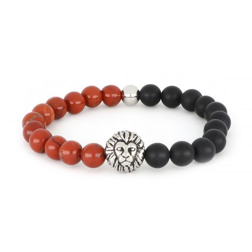Ανδρικό βραχιόλι με ημιπολύτιμες πέτρες όνυχα, κόκκινο αχάτη και ατσάλινο λιοντάρι