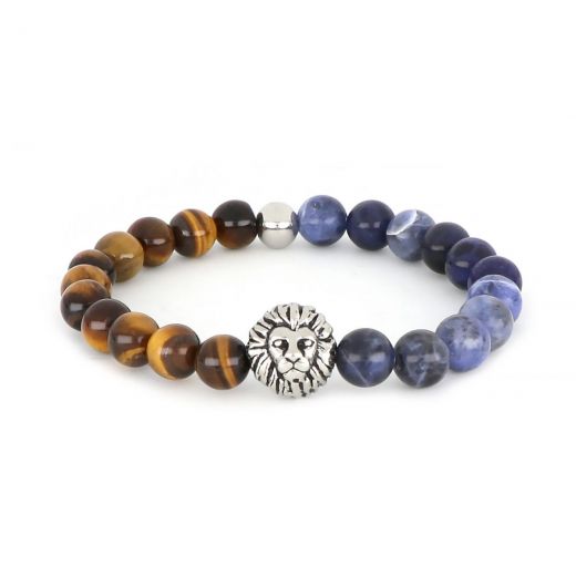 Bracelet made of semi precious stones tiger eye sodalite and stainless steel lion