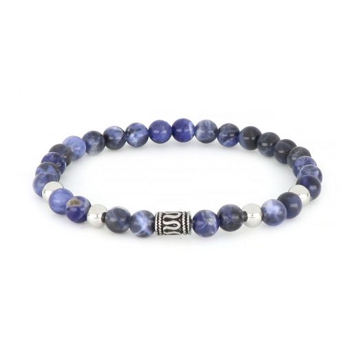 Bracelet made of semi precious stones sodalite and stainless steel meander