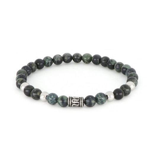 Bracelet made of semi precious stones green agate and stainless steel meander