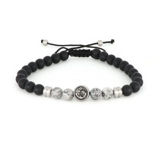 Bracelet made of semi precious stones onyx and grey jasper and stainless steel component anchor