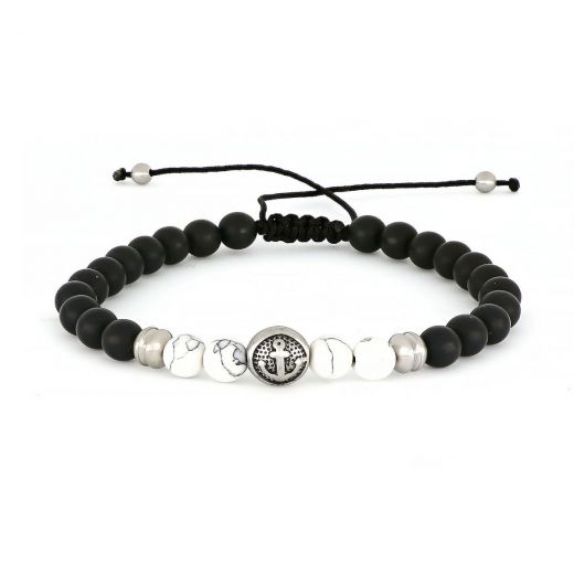 Bracelet made of semi precious stones onyx and white chaolite and stainless steel component anchor