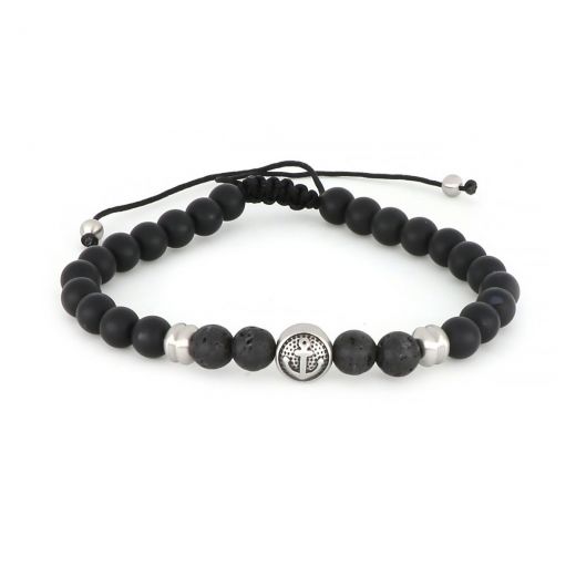 Bracelet made of semi precious stones onyx and lava and stainless steel component anchor