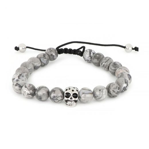 Bracelet made of semi precious stones grey jasper and stainless steel skull macrame