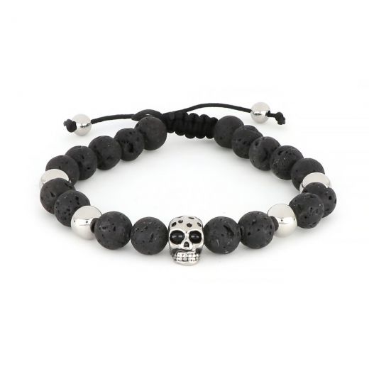 Bracelet made of lava beads and stainless steel skull macrame