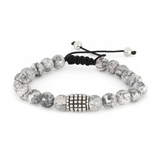 Bracelet made of semi precious stones grey jasper and stainless steel barrel macrame