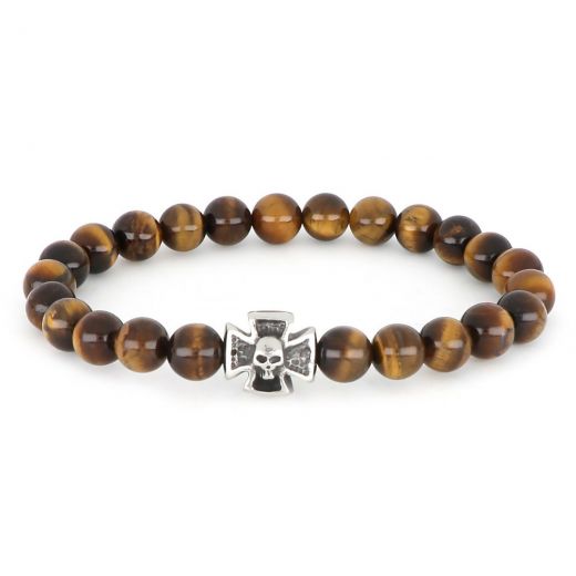 Bracelet made of semi precious stones tiger eye and stainless steel cross with skull