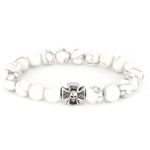 Bracelet made of semi precious stones white chaolite and stainless steel cross with skull