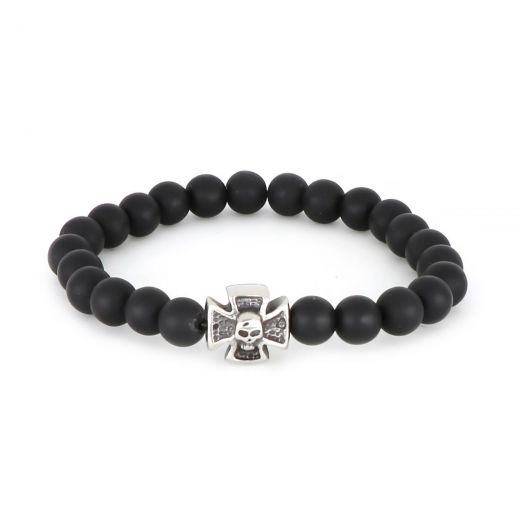 Bracelet made of black glass beads and stainless steel cross with skull