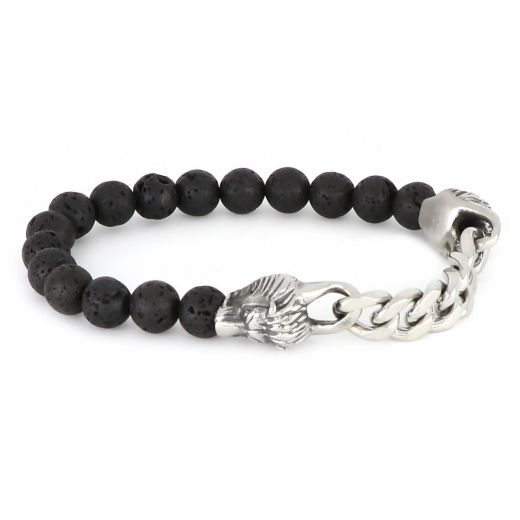 Bracelet made of lava beads and stainless steel chain and lion