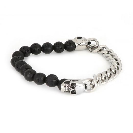 Bracelet made of lava beads and stainless steel chain and skull
