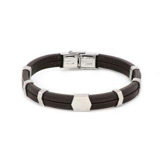 Bracelet made of brown leather with stainless steel components in white color Bracelet made of brown leather with stainless steel components in white color