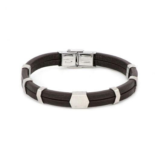Bracelet made of brown leather with stainless steel components in white color