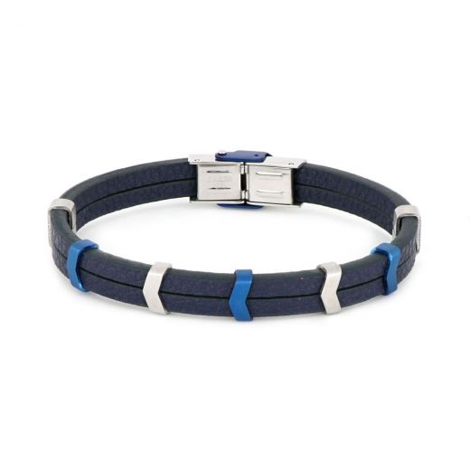 Bracelet made of black leather with stainless steel components in blue and white color