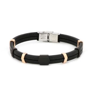 Bracelet made of black leather with stainless steel components in black and rose gold color Bracelet made of black leather with stainless steel components in black and rose gold color