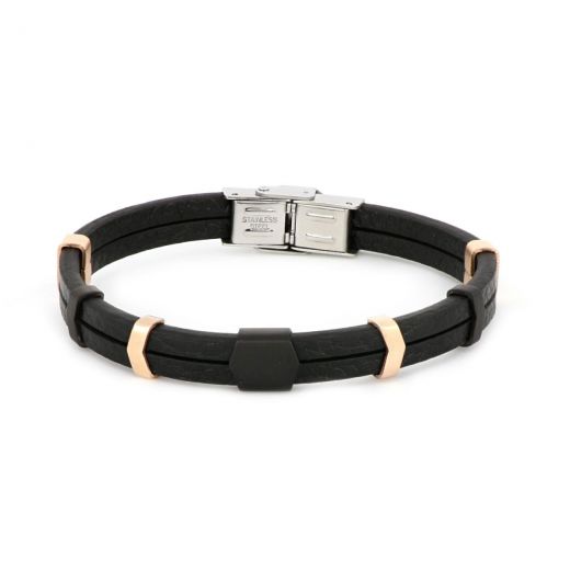 Bracelet made of black leather with stainless steel components in black and rose gold color