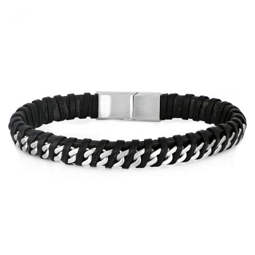 Bracelet made of black leather braided with stainless steel chain