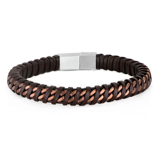Bracelet made of brown leather braided with stainless steel chain in rose gold color