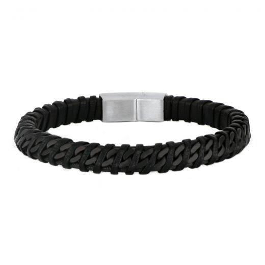 Bracelet made of black leather braided with black stainless steel chain