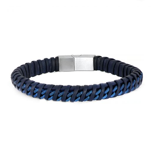 Bracelet made of black leather braided with blue stainless steel chain