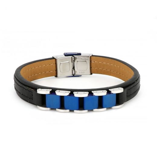 Bracelet made of black leather with white and blue stainless steel components