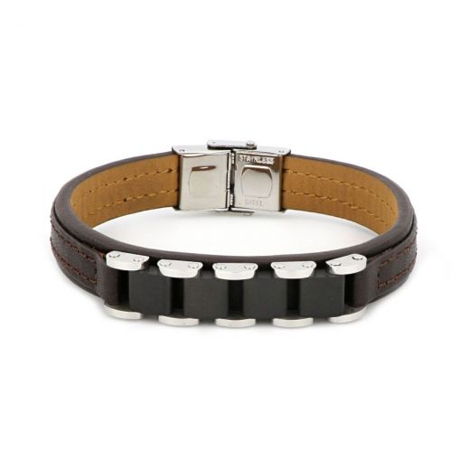 Bracelet made of brown leather with white and black stainless steel components