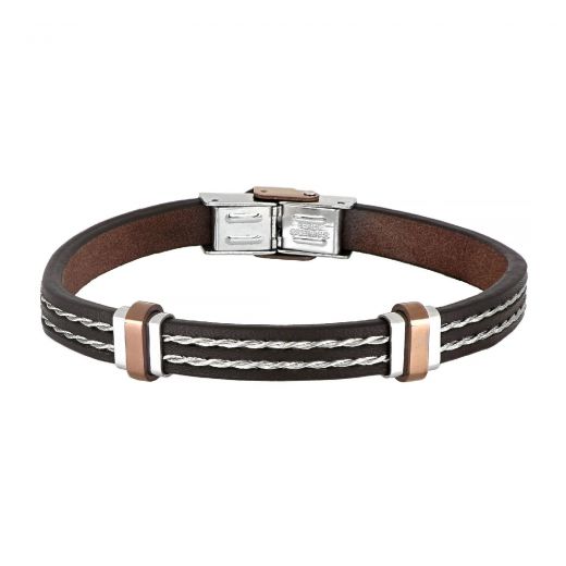 Bracelet made of brown leather with steel wire and Brown stainless steel components