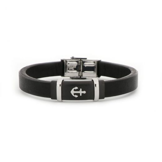 Bracelet made of black leather with black stainless steel flat centre with white anchor
