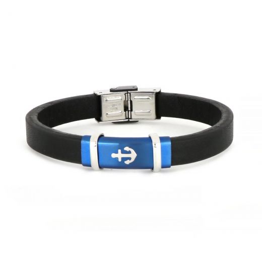 Bracelet made of black leather with blue stainless steel flat centre with white anchor