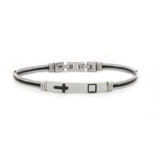 Bracelet made of stainless steel with black and white steel wires and cross