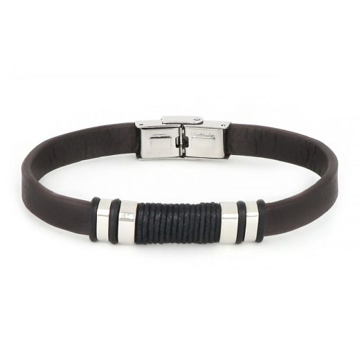 Bracelet made of brown leather flat with stainless steel components and black cord