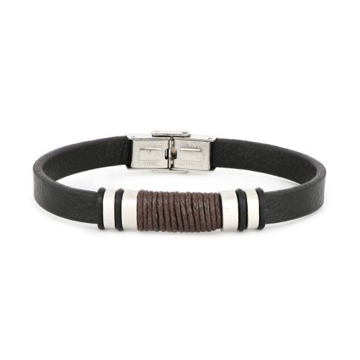 Bracelet made of black flat leather with stainless steel components and Brown cord