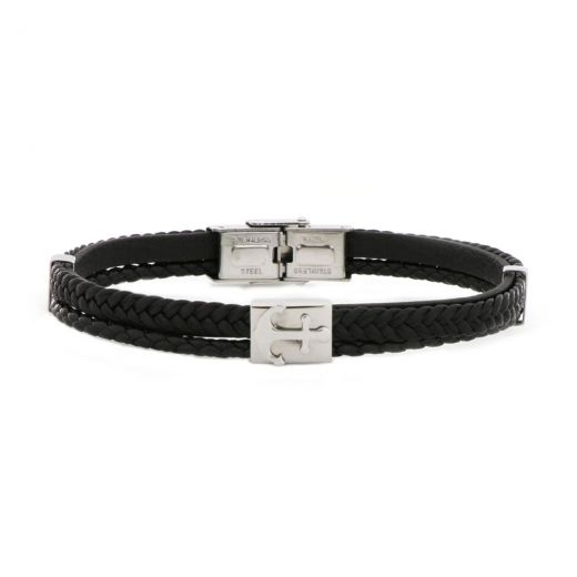 Bracelet made of double knitted leather with metallic detail and anchor design made of stainless steel