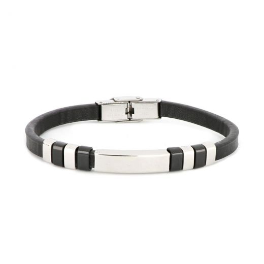 Bracelet made of one flat black leather with white plate and black and white components