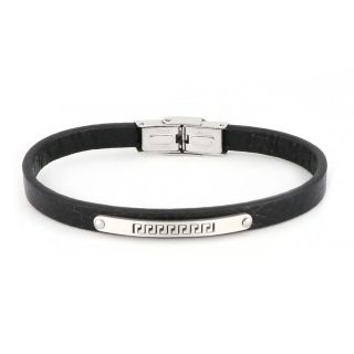 Bracelet made of one flat black leather and a plate with embossed meander design made of stainless steel