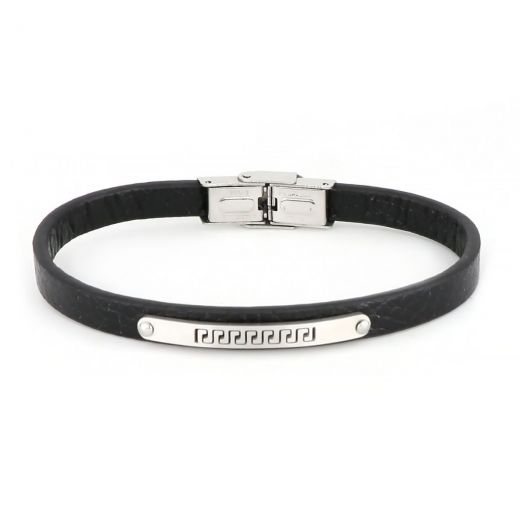 Bracelet made of one flat black leather and a plate with embossed meander design made of stainless steel