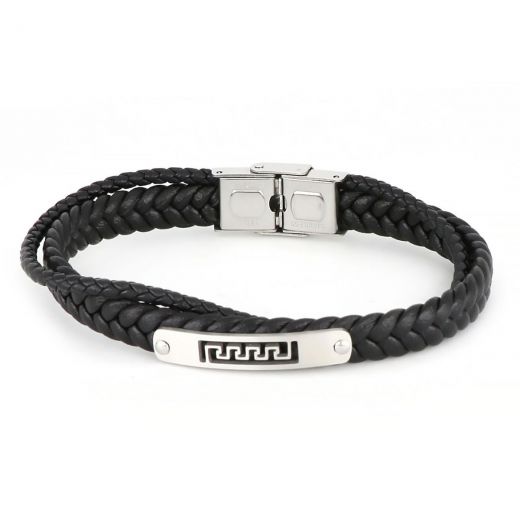 Bracelet made of two braided leathers black and plate with embossed meander design made of stainless steel