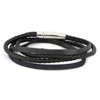 Bracelet made of black knitted and flat leathers for double rotation