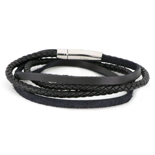 Bracelet made of black knitted and flat leathers for double rotation