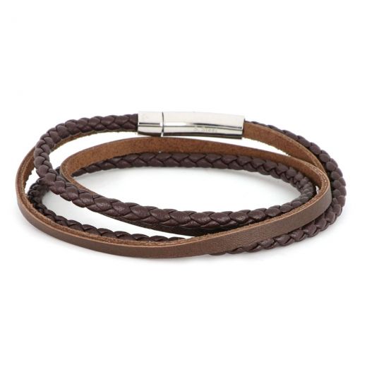 Bracelet made of brown knitted and flat leathers for double rotation