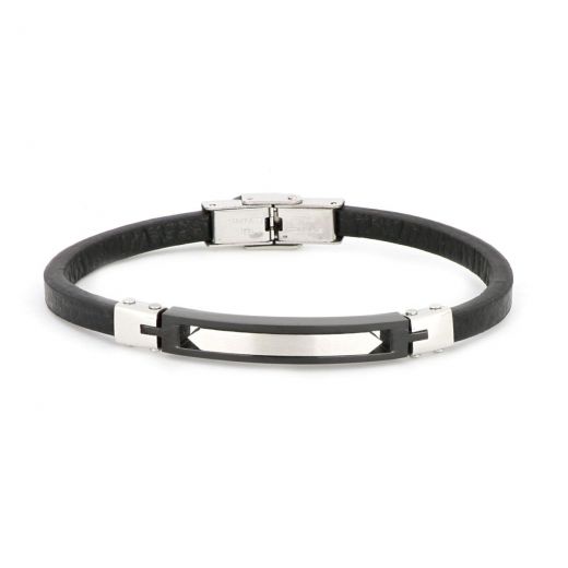 Bracelet made of black flat leather with black stainless steel plate and white line