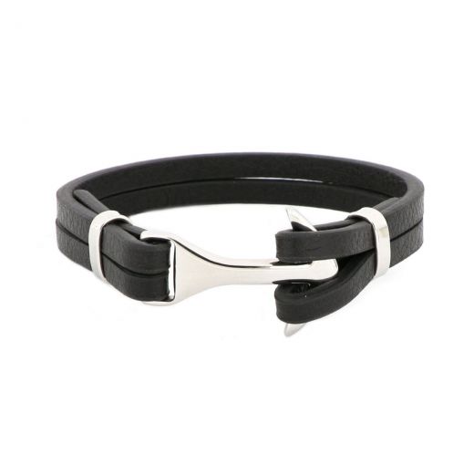 Bracelet made of double black flat leather with anchor clasp made of stainless steel