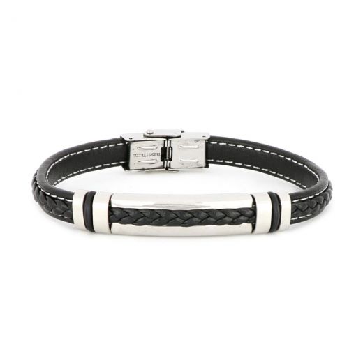 Bracelet made of black flat leather with white seams and metallic white detail made of stainless steel